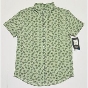 Tony Hawk Mens Medium Green Skull Print 4-Way Tech Stretch Button Down Shirt NWT